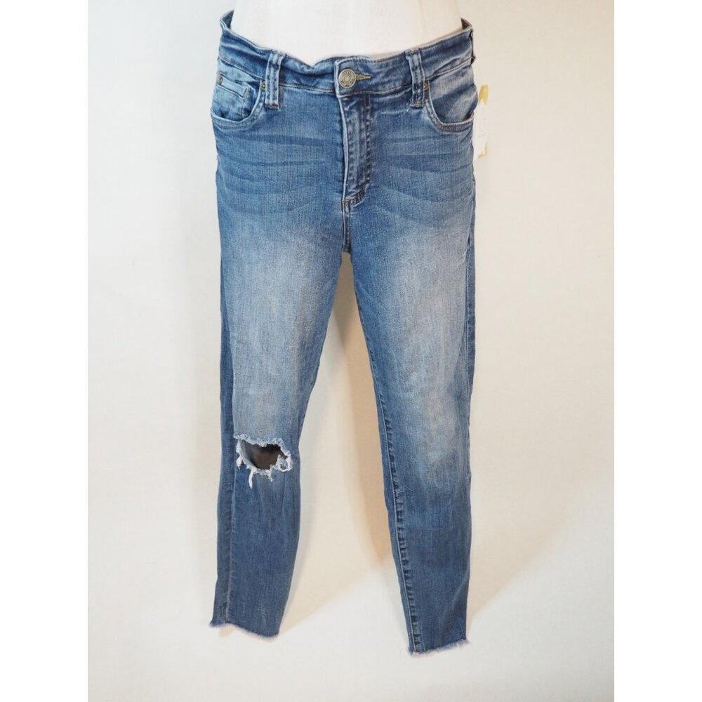 Kut From the Kloth Carlo High Rise Ankle Skinny Distressed Medium Blue Jeans, 10